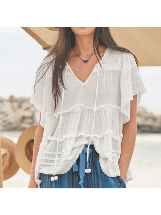 Sundance Tops - Sundance Women Size M Antonia Tiered White Top Cotton Oversized Smocked & Tassel